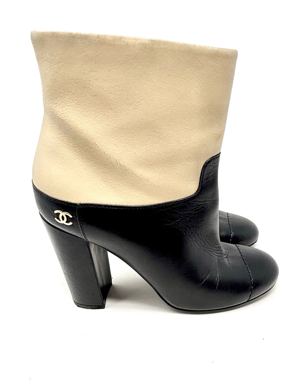 CHANEL Karl Lagerfeld Cap Toe Leather CC Block Heel Boots Beige Black 38.5